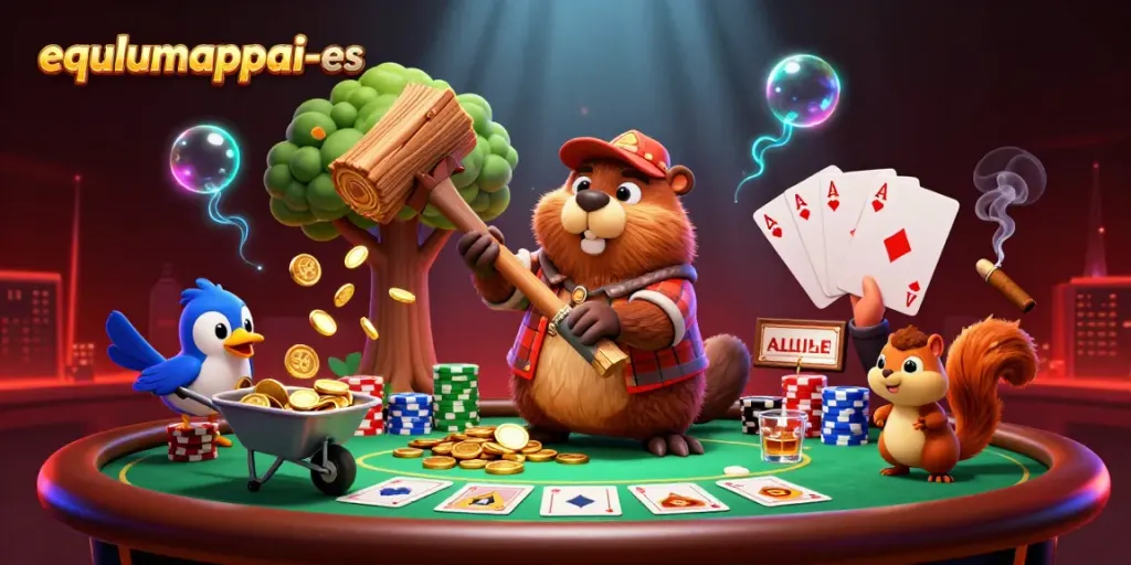 Engage in thrilling gameplay with equlumappai-es as cartoon animals discover wealth in a vibrant casino scene.