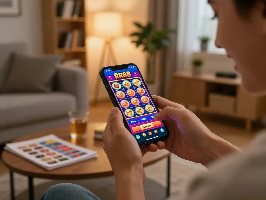 Player engaging with the RR88 app for thrilling mobile gambling experience on a cozy couch