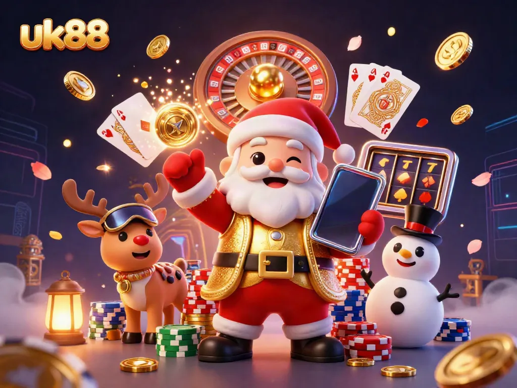 Experience the thrill of uk88 with Santa and friends in a vibrant casino scene filled with jackpots.