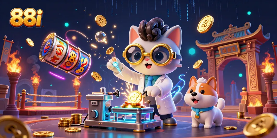 88i slot game featuring a mad scientist cat and lab assistant dog creating gold coins in an energetic casino scene.
