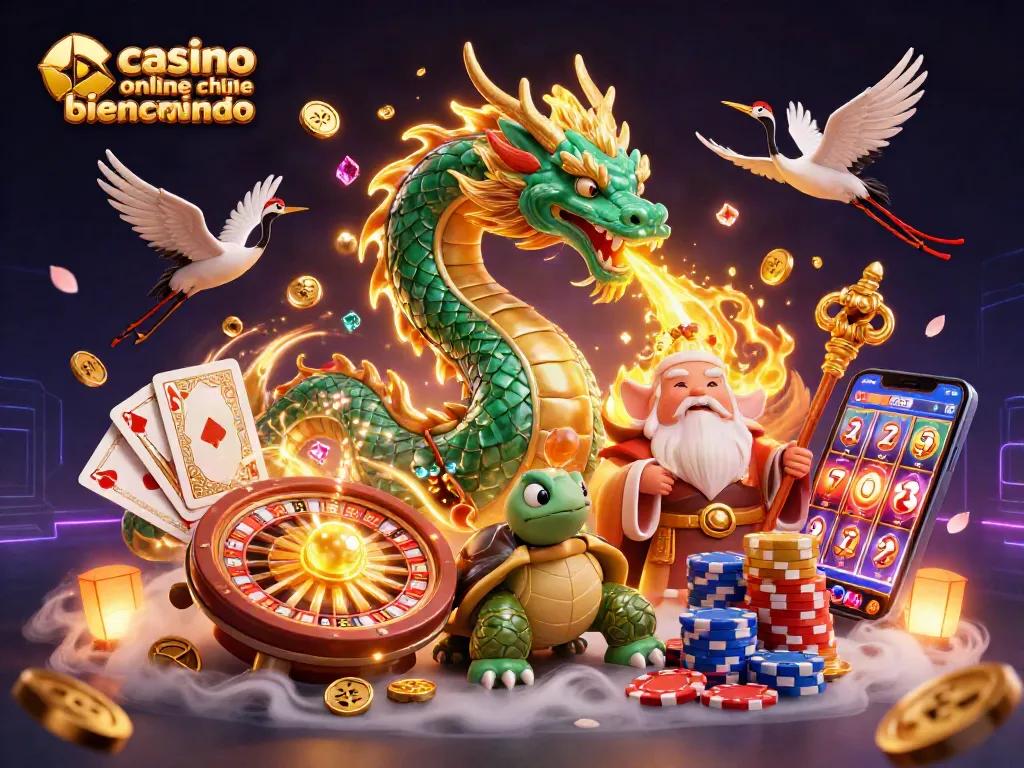 Disfruta del casino online chile bono bienvenida con un dragón y monedas doradas en acción.