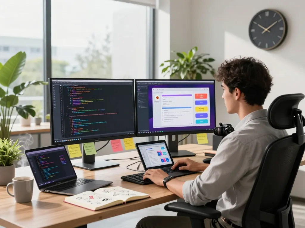 Developer creating spicy AI interactions in a modern tech workspace with dual monitors and creative notes.
