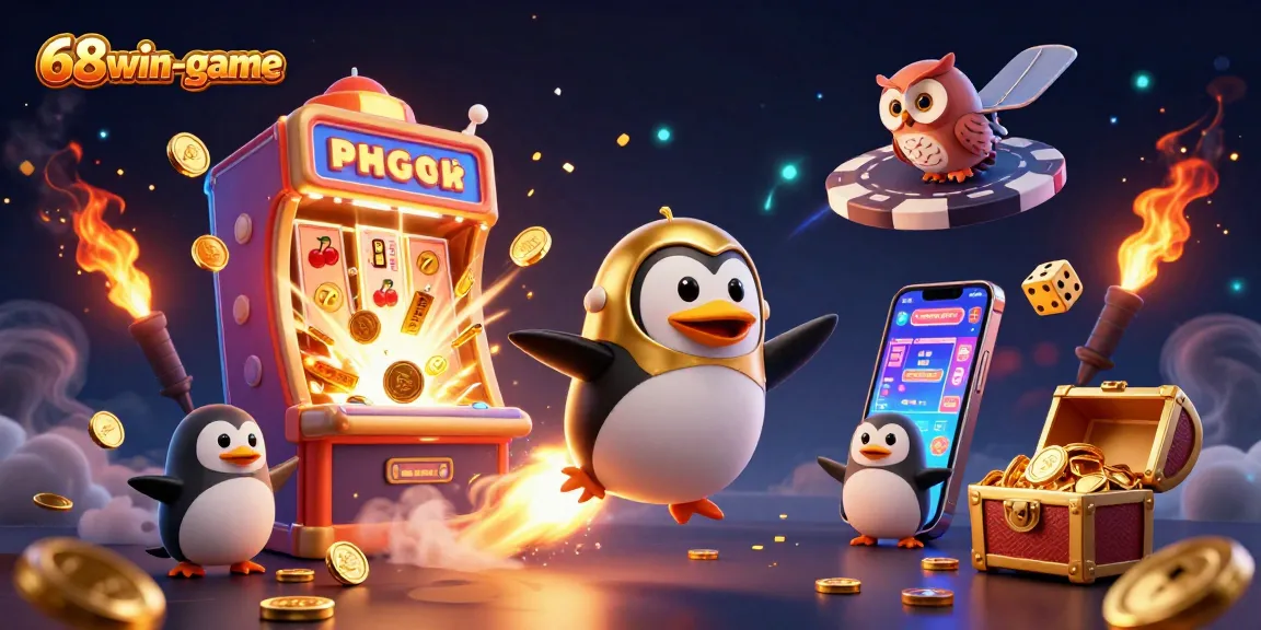 Experience thrilling moments in 68win-game with a golden penguin and casino action!