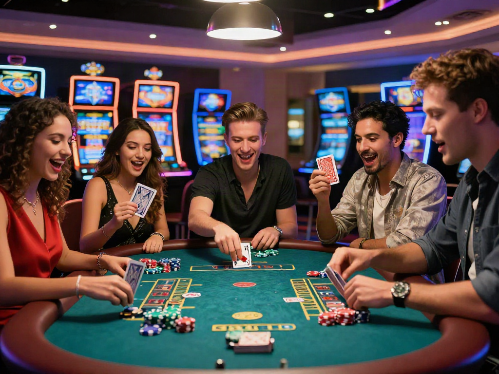 Friends enjoying a lively casino game showcasing rokok88 rtp strategy and excitement.