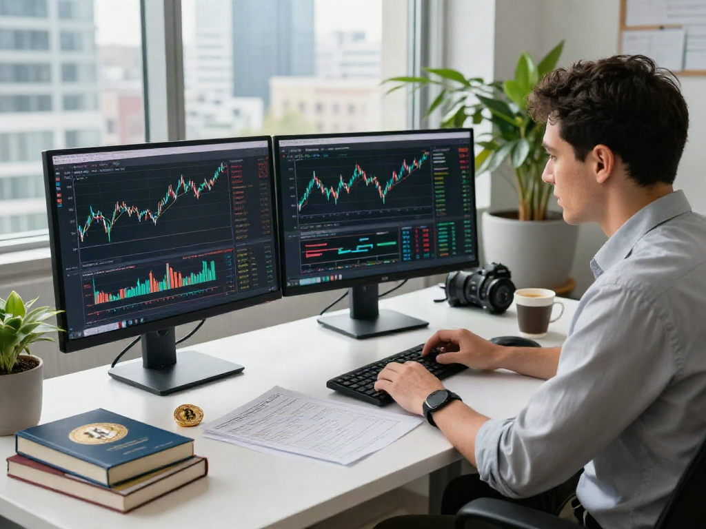 Análisis de btc a dolar en oficina moderna con gráficos y reportes.