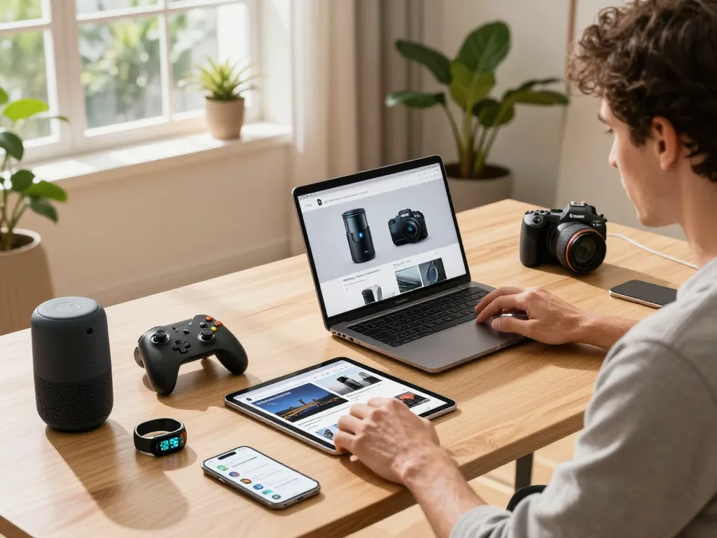 Latest tech gadgets 2092 explored by a tech enthusiast in a stylish home office.