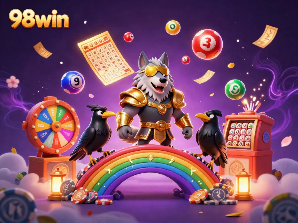 Celebrate winning moments at 98win with vibrant casino-themed illustration featuring dynamic characters and game elements.