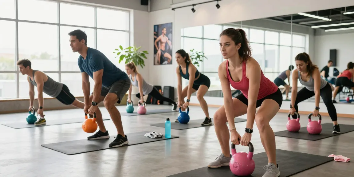 Entrenamiento en el gimnasio con Esteroidesshop, personas activas usando bandas de resistencia y kettlebells.