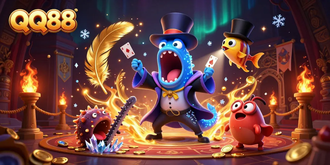 Experience thrilling magic at QQ88 with 3D cartoon sea creatures performing captivating tricks under a shimmering aurora.