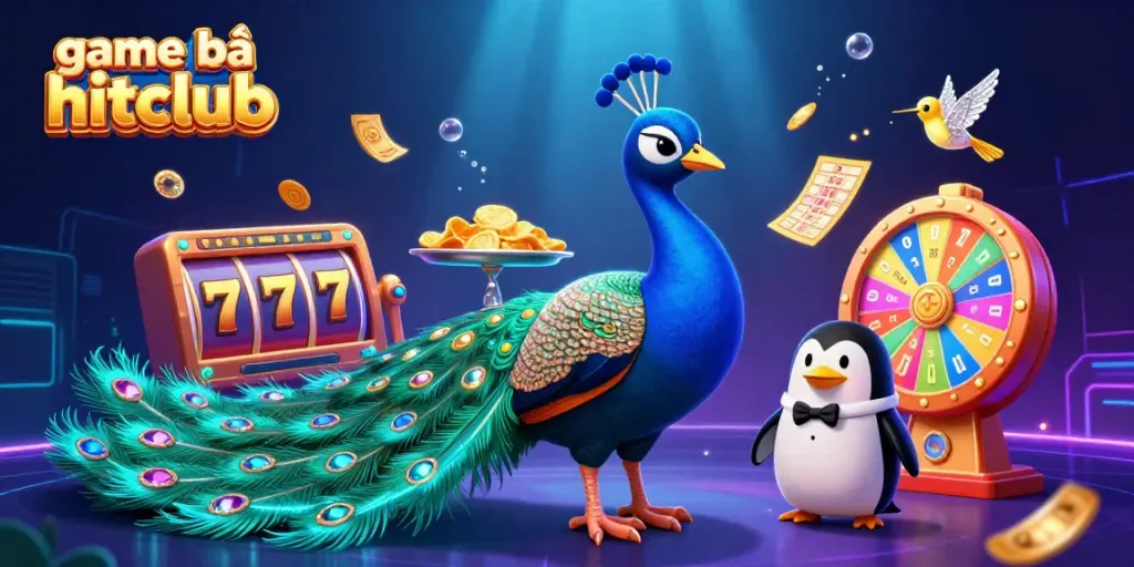 Experience the excitement of game bài hitclub with vibrant 3D characters and casino elements scattering joyfully.