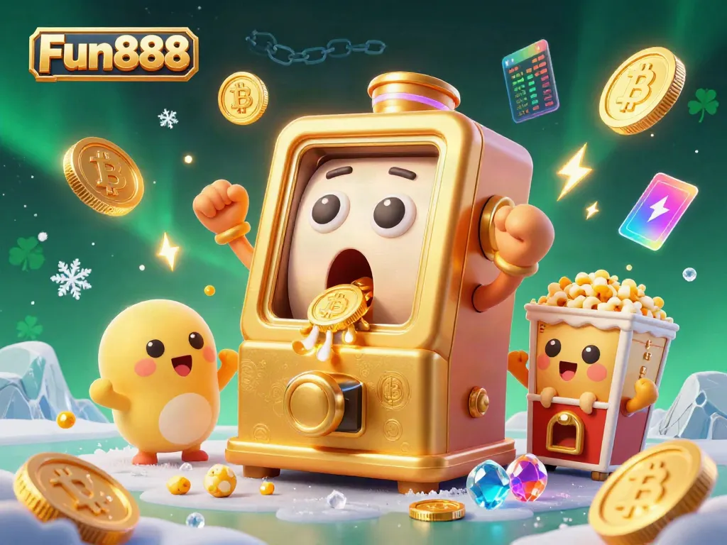 Enjoy the excitement of Fun888 with this vibrant 3D illustration showcasing a winning slot machine surrounded by coins.