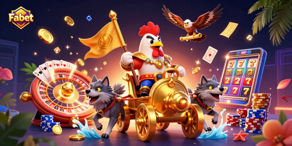 Experience Fabet's energetic scene with a rooster warlord amid casino elements and gaming excitement.
