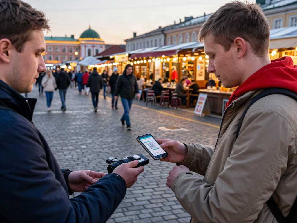 Un turista usando https://payinrussia.com/ para hacer un pago digital en un bullicioso mercado de Moscú.