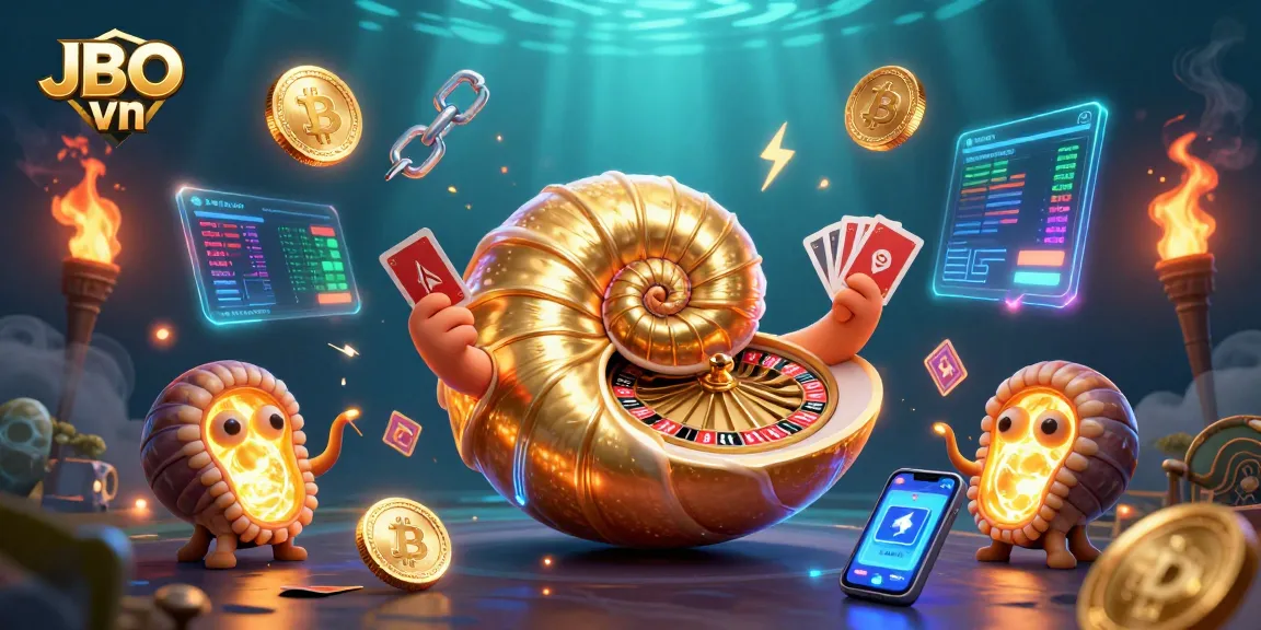Engage with JBO vn's vibrant casino scene showcasing a nautilus, roulette wheel, and crypto elements.