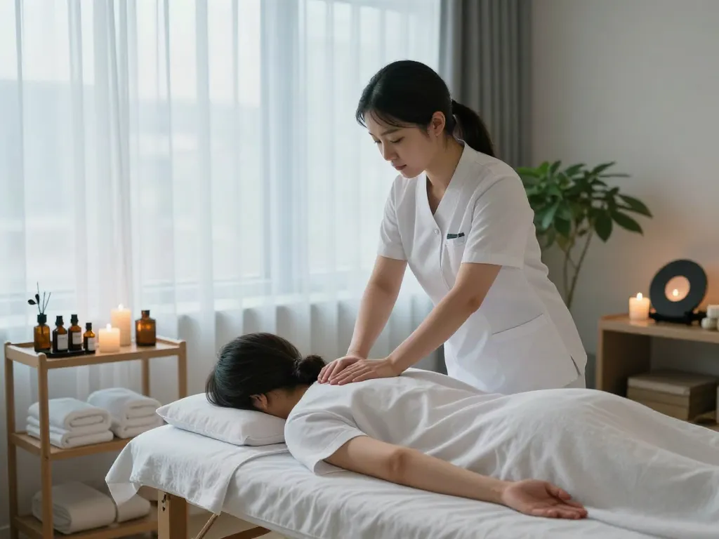 Relaxing 역삼동출장안마 session in a serene wellness studio with soft lighting and professional massage therapist.