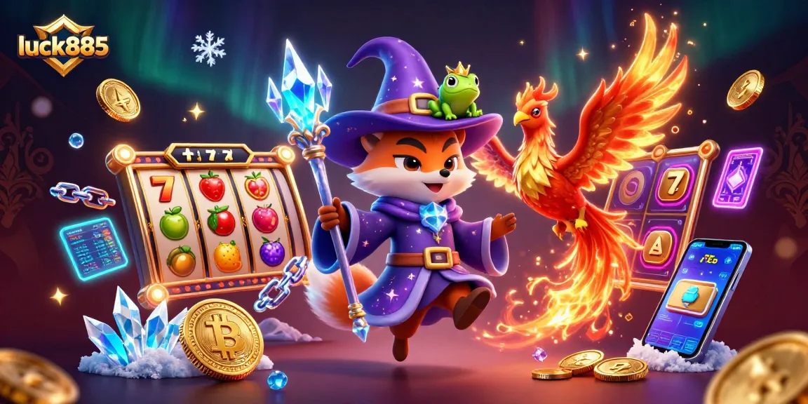 Engage in thrilling gameplay at luck885 with vibrant slot reels, mystical characters, and sparkling crypto elements.