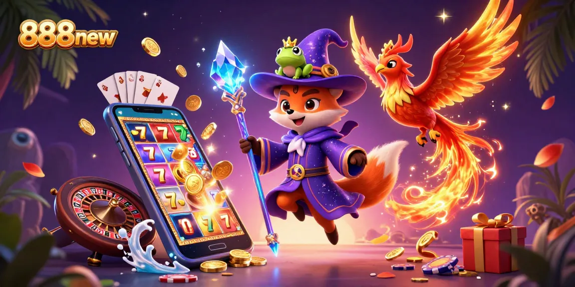 Spin vivid wins with 888new in this festive casino-themed artwork showcasing wizardry and gaming magic.