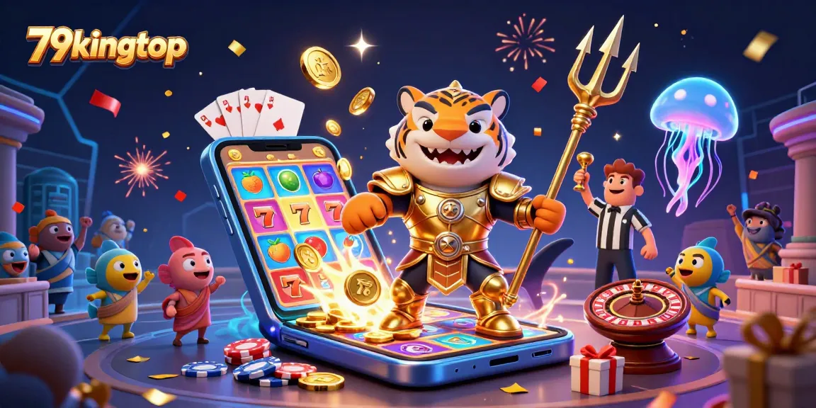 Engage with thrilling gameplay at 79kingtop featuring a tiger shark in armor amid vibrant casino elements.